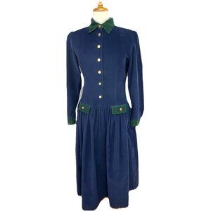 90s Tradwife Sz 9 10 Navy and Green Corduroy Midi Dress Button Front USA Made